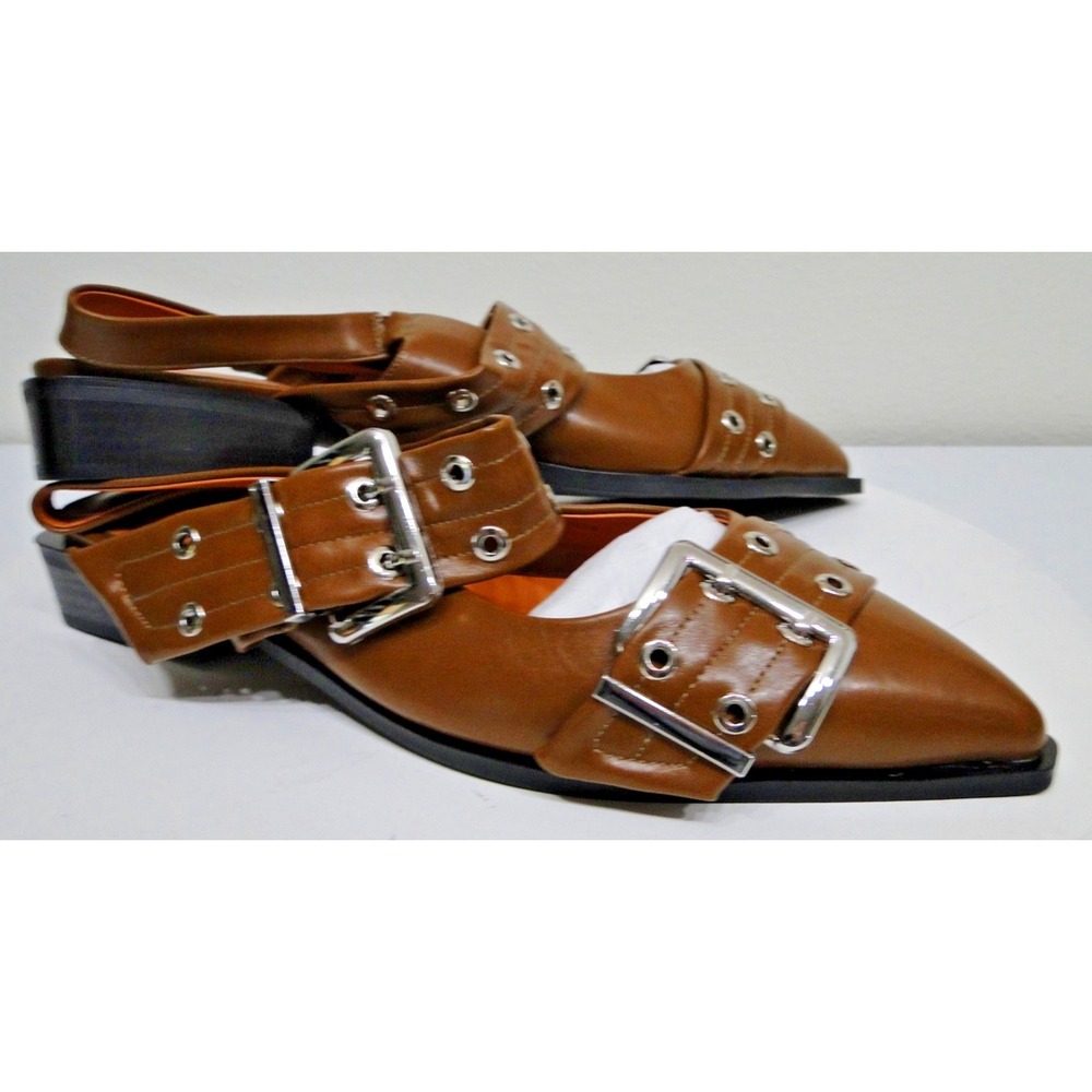Chunky Buckle Slingback Ballerina Heel Brown Patent Leather Shoes Size 11 - Picture 3 of 13